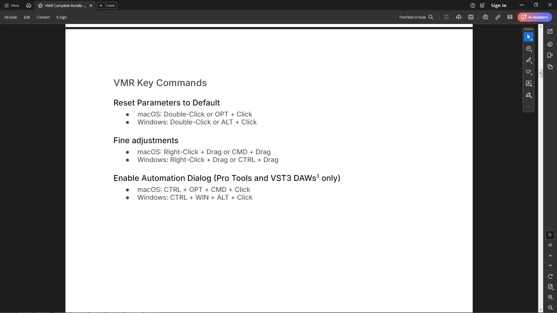 Key commands overview in Slate Digital VMR 3.0 Plugin