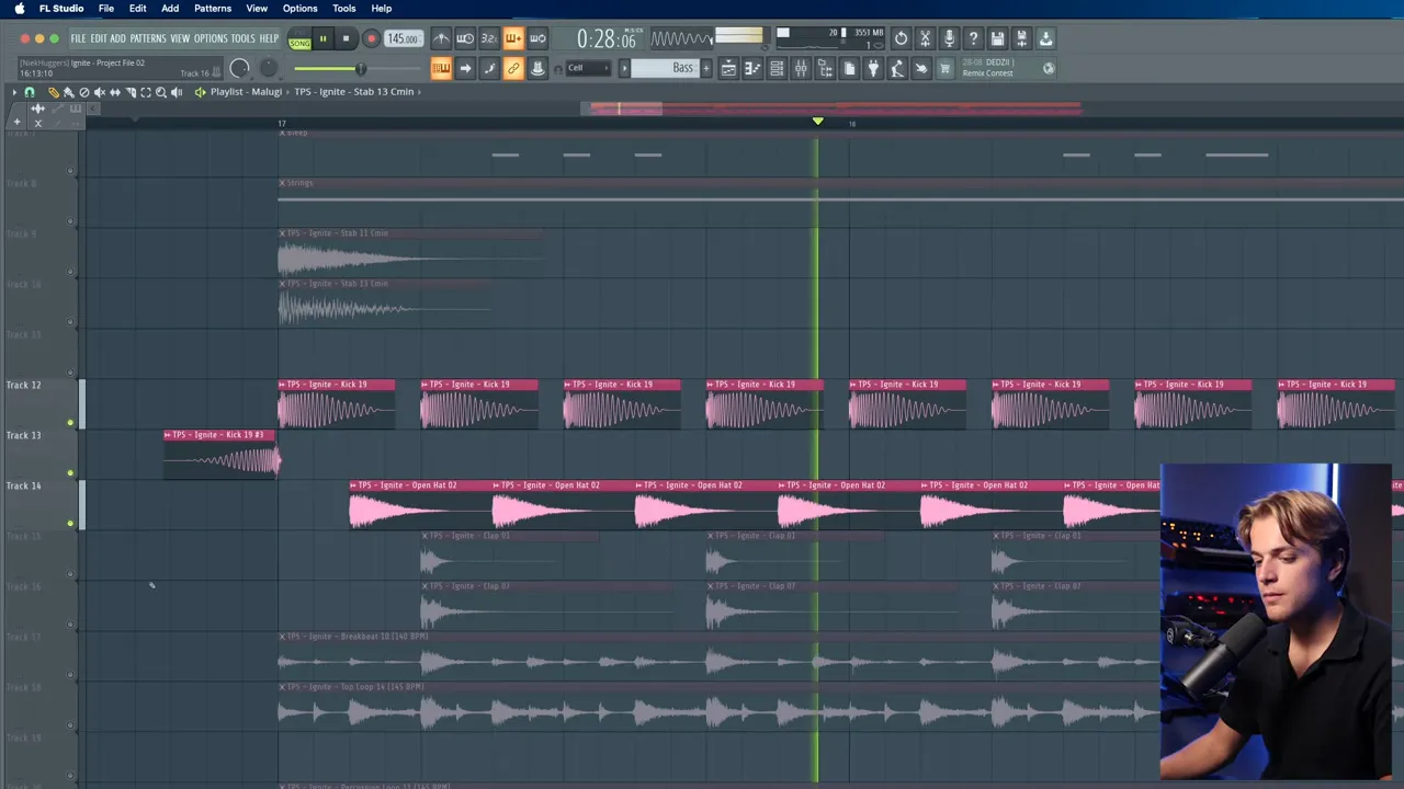 Drum layers including reverse kick and breakbeat for energy