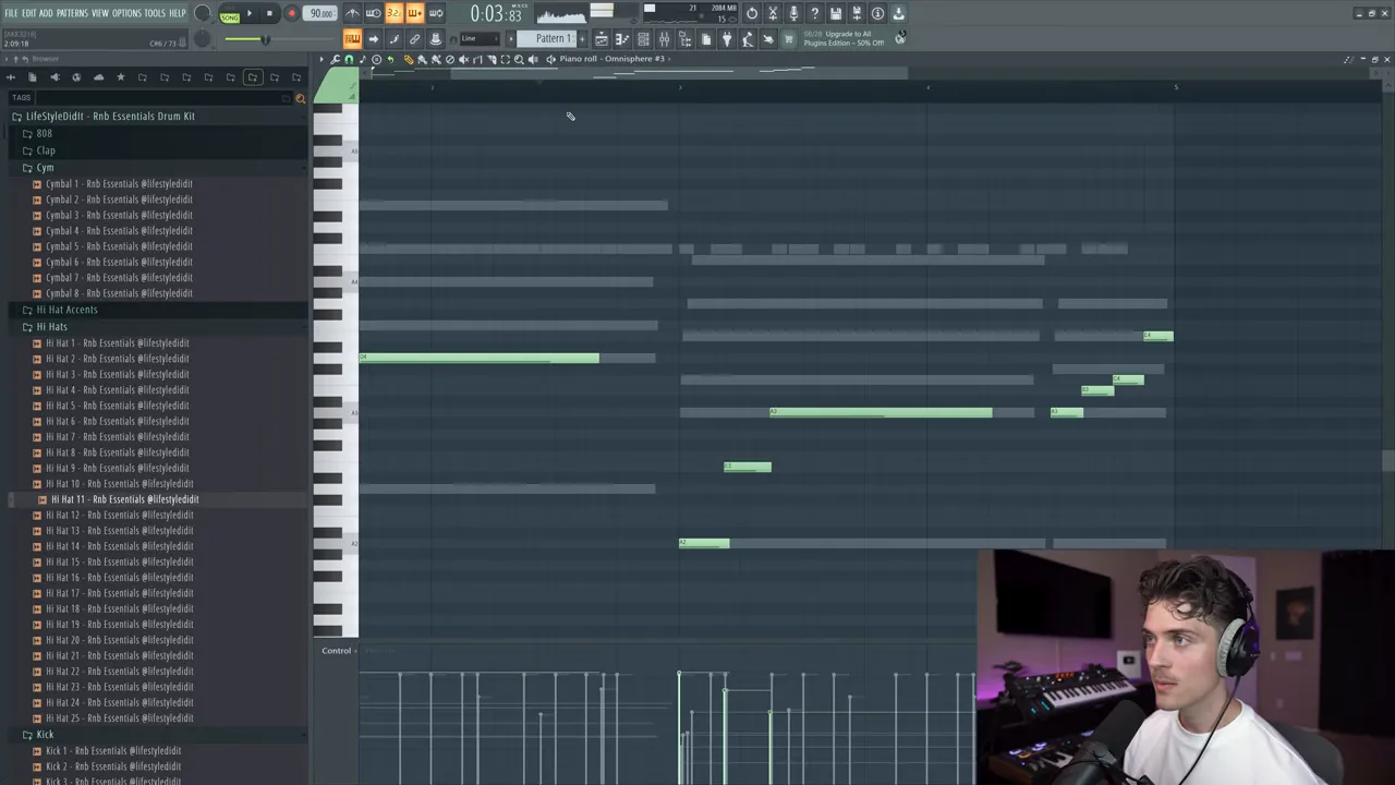 Trying root‑fifth‑octave bass patterns on the MIDI keyboard