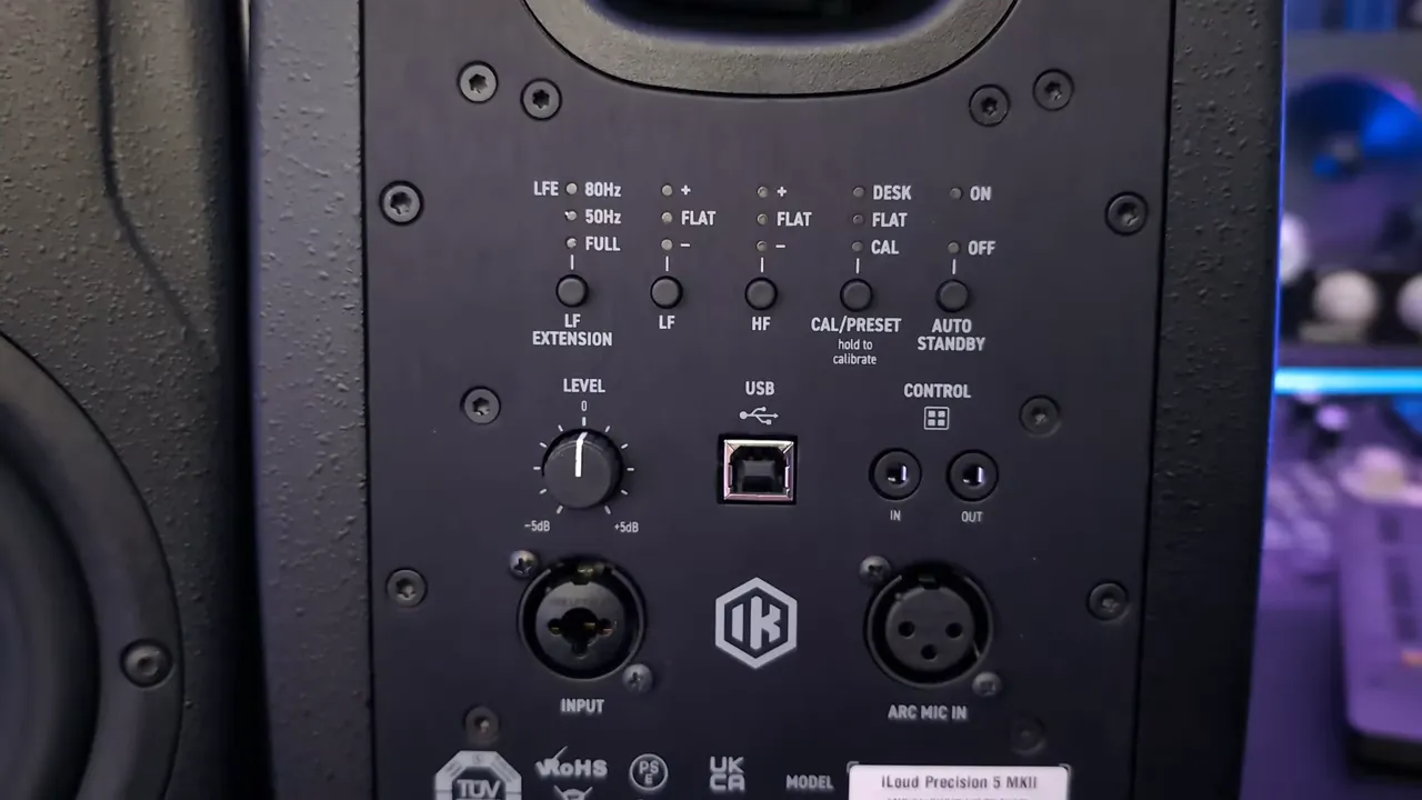 Rear panel showing LF/HF controls, USB port and inputs