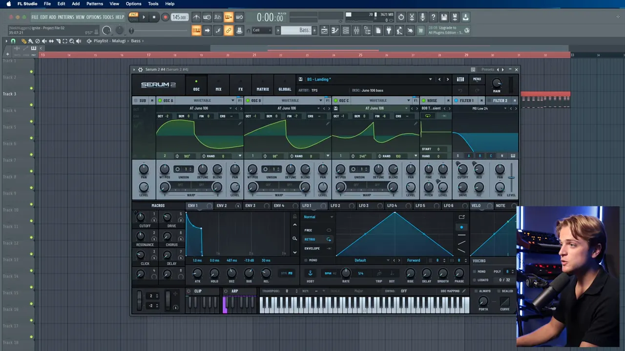 Layering piano with octave-jumping bass line for rhythm