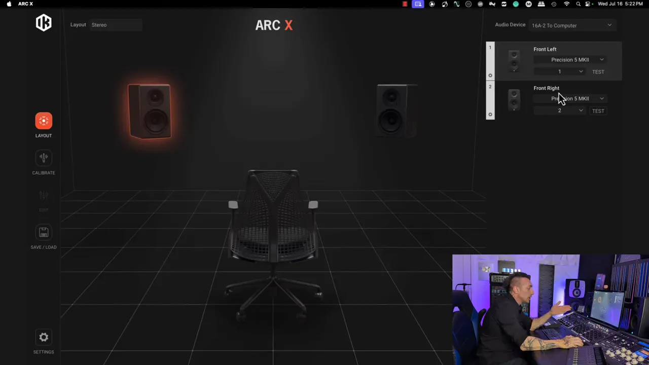 ArcX calibration screen showing speaker layout and mic selection