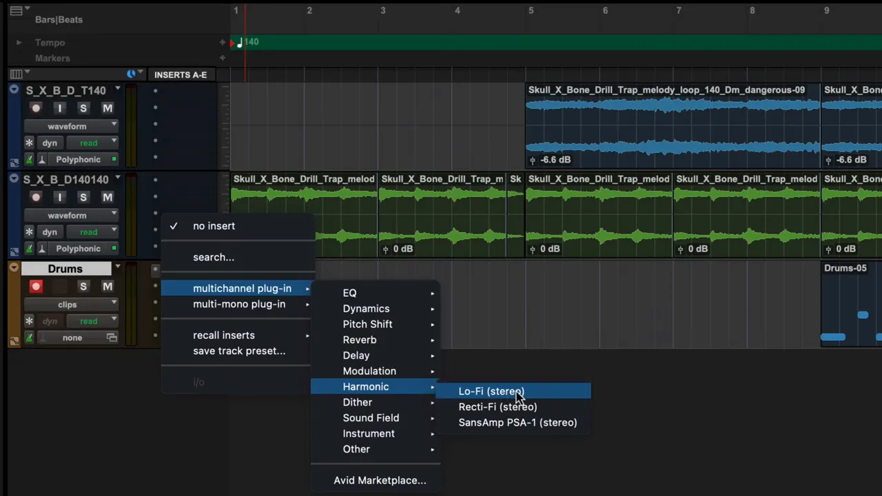 Pro Tools For Beginners: Create a Beat in 10 Minutes 9 Harmonic 'Lo-Fi' plugin being inserted to add distortion to drums