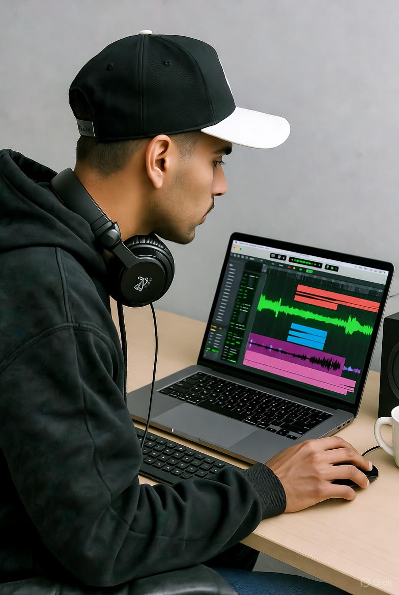 a beat maker sitting down at his home studio making beats on a laptop